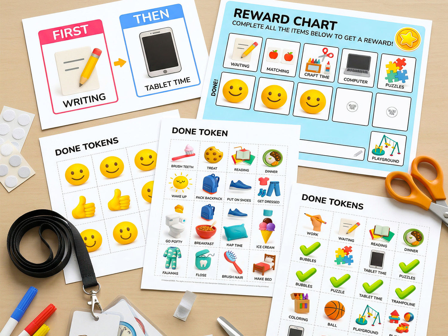Free ABA visual supports and therapy printables with first-then board, reward chart, done tokens, routine cards, and reinforcement tools for home and school.
