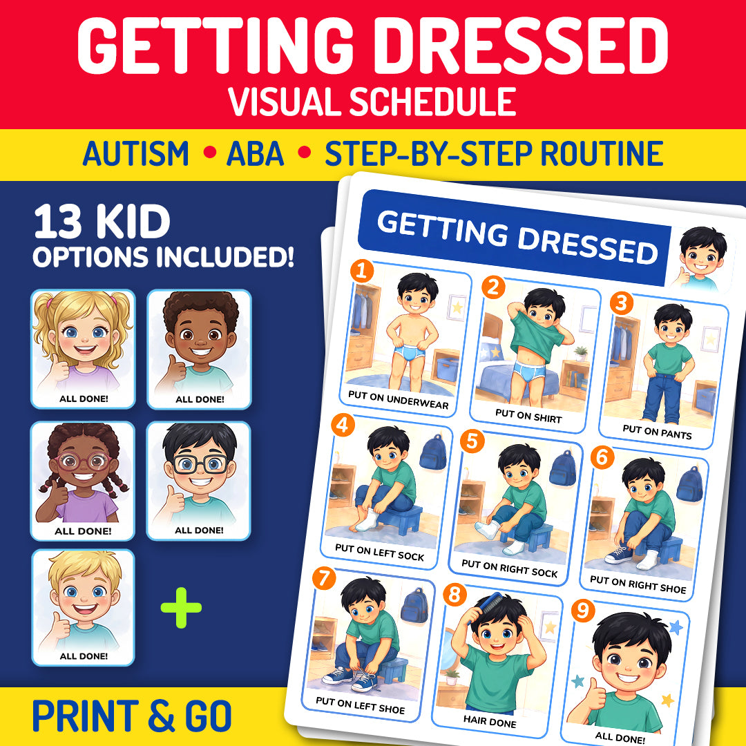 Getting dressed visual schedule printable for kids with autism, ABA therapy, step-by-step dressing routine, and daily living skills support.