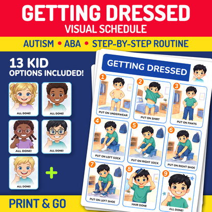 Getting dressed visual schedule printable for kids with autism, ABA therapy, step-by-step dressing routine, and daily living skills support.