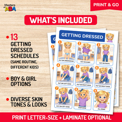 What’s included in the getting dressed visual schedule printable with 13 dressing routines, boy and girl options, and diverse skin tones.