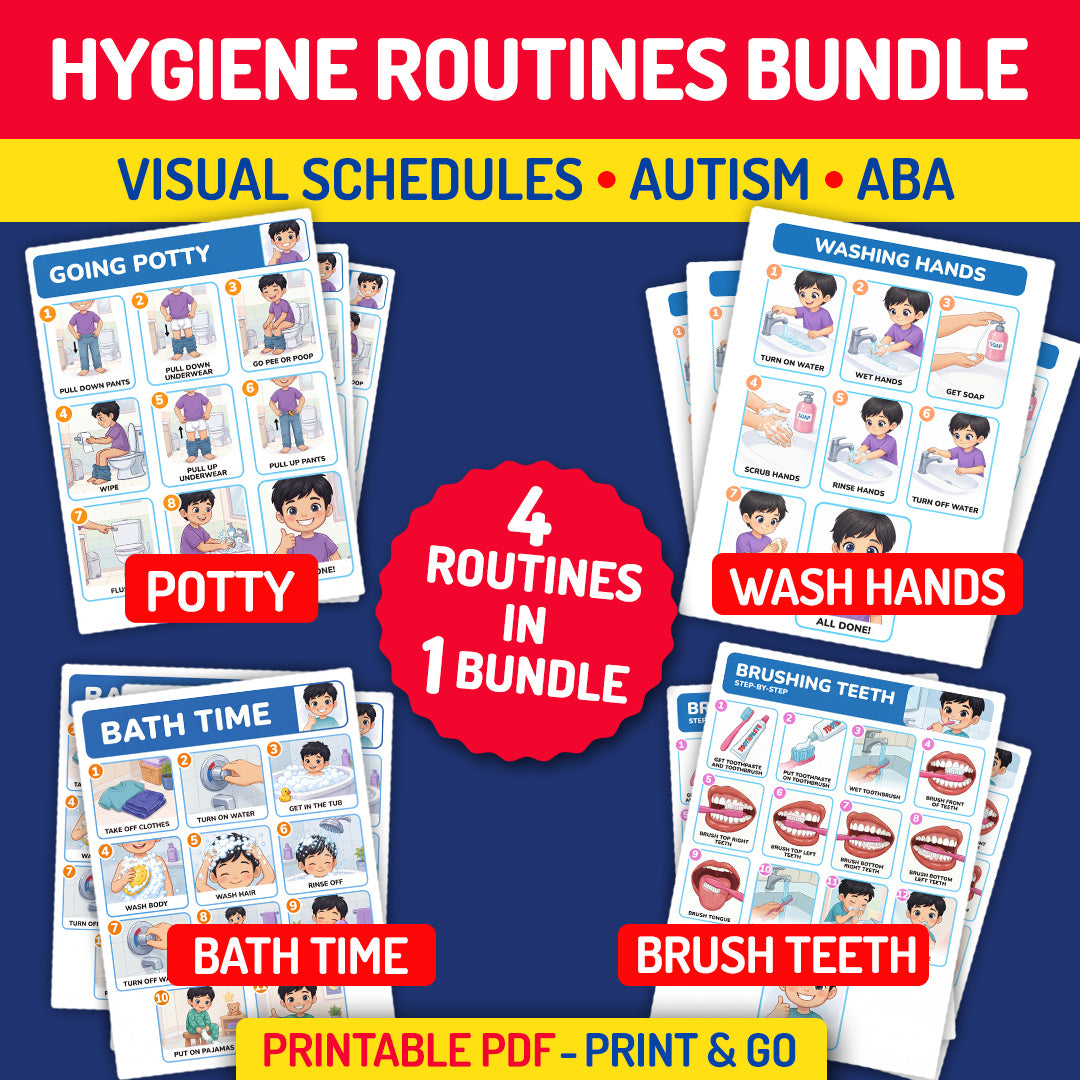 Hygiene routines visual schedule bundle with potty, handwashing, toothbrushing, and bath time printables
