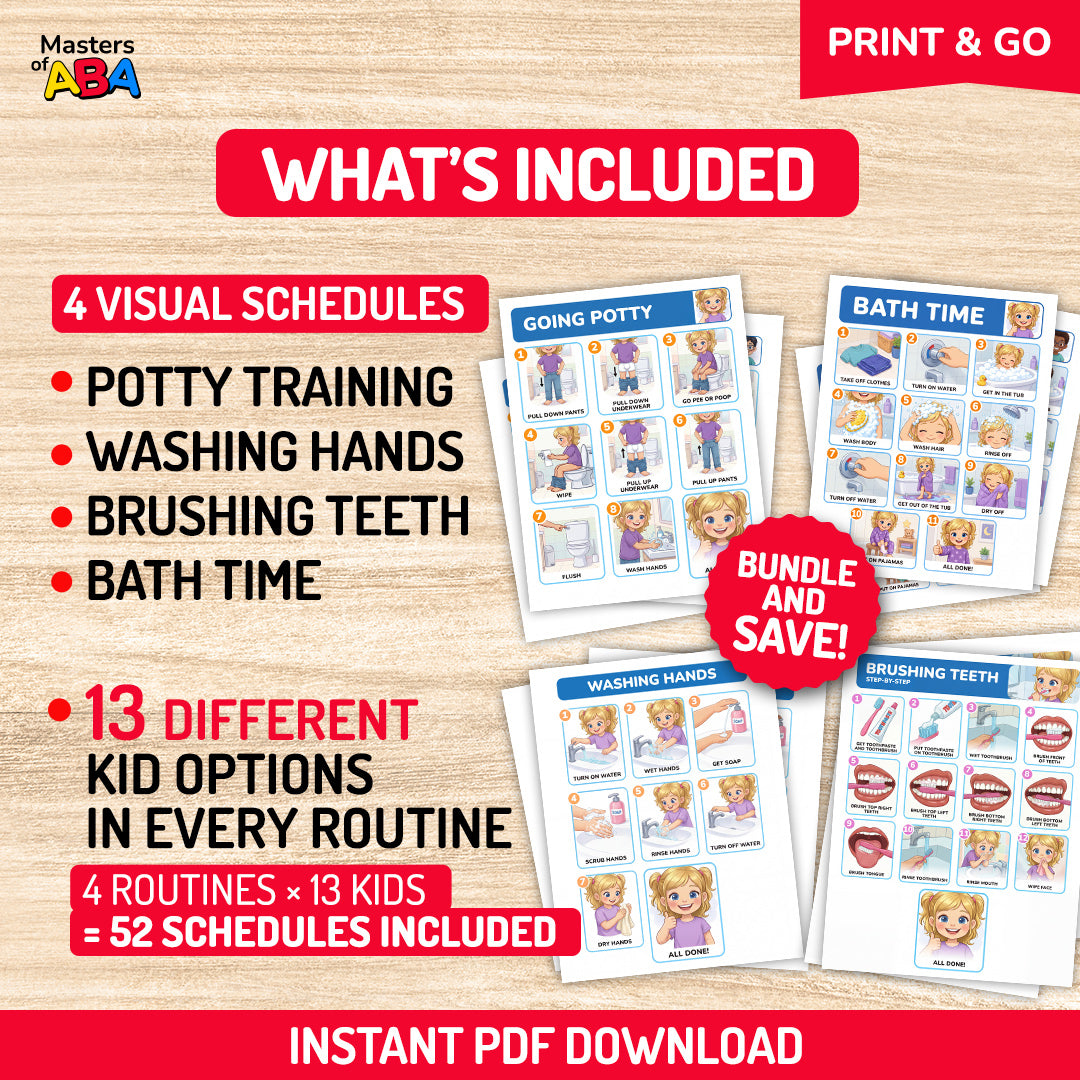 What’s included in the hygiene visual schedule bundle with four routines and 13 child options each