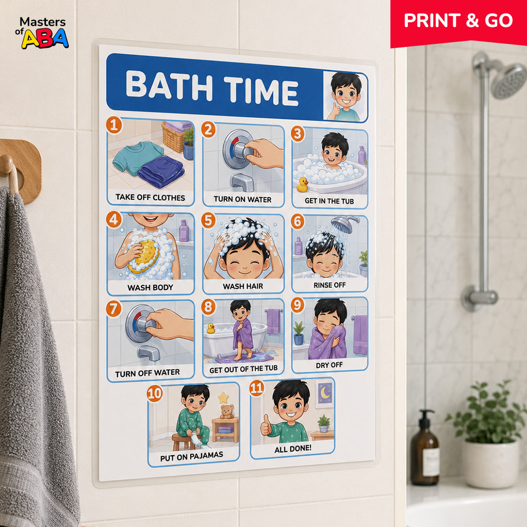 Bath time visual schedule displayed on a modern bathroom wall