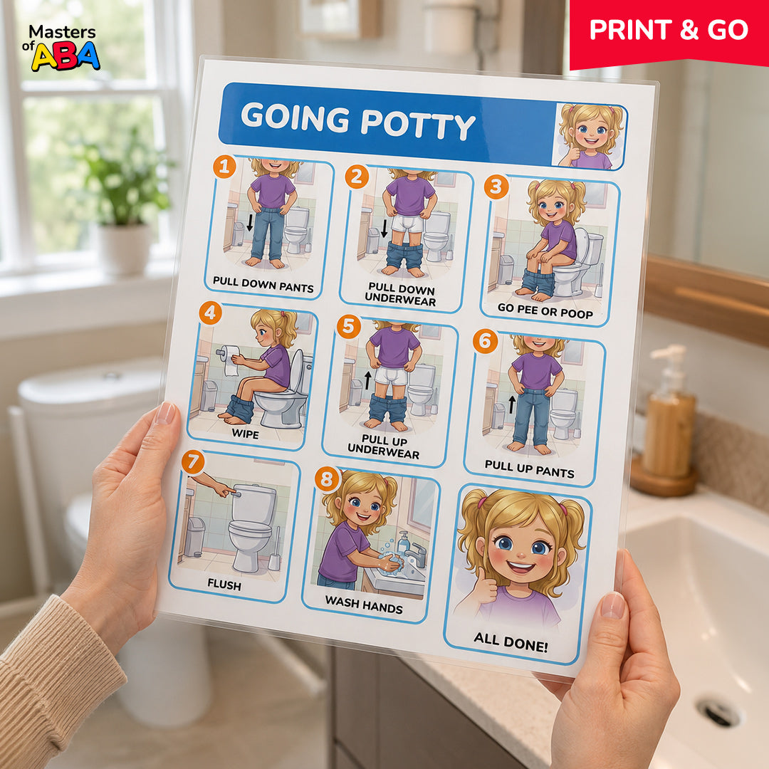 Laminated potty training visual schedule held in a child-friendly bathroom