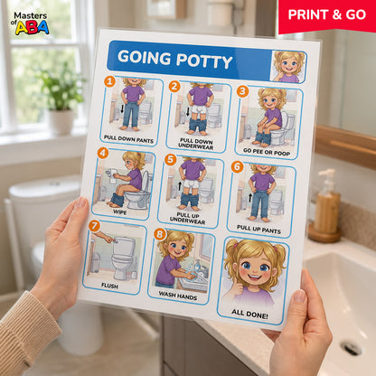 Laminated potty training visual schedule held in a child-friendly bathroom