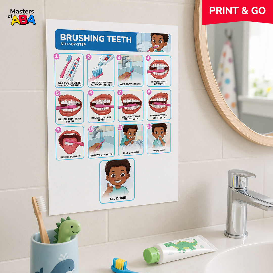 Brushing teeth visual schedule displayed beside a child’s bathroom sink