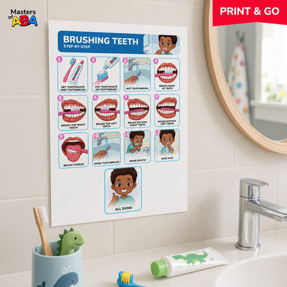 Brushing teeth visual schedule displayed beside a child’s bathroom sink