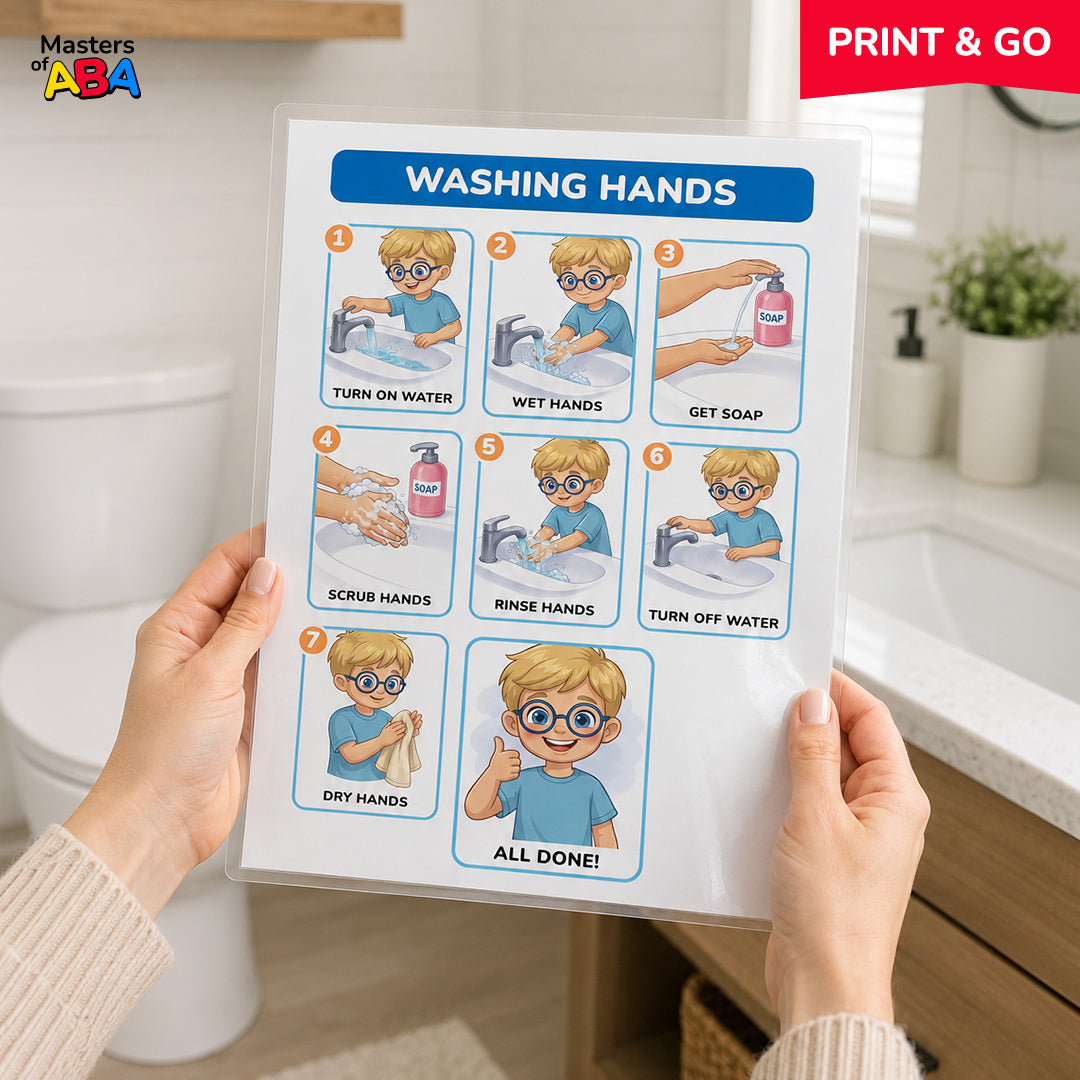 Laminated washing hands visual schedule held in a bright bathroom