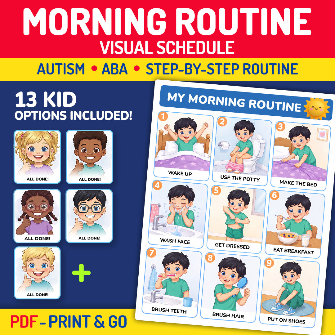 Morning routine visual schedule printable for kids with 9 numbered steps and 13 character options
