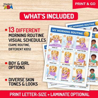 What’s included in the morning routine visual schedule with 13 printable child options