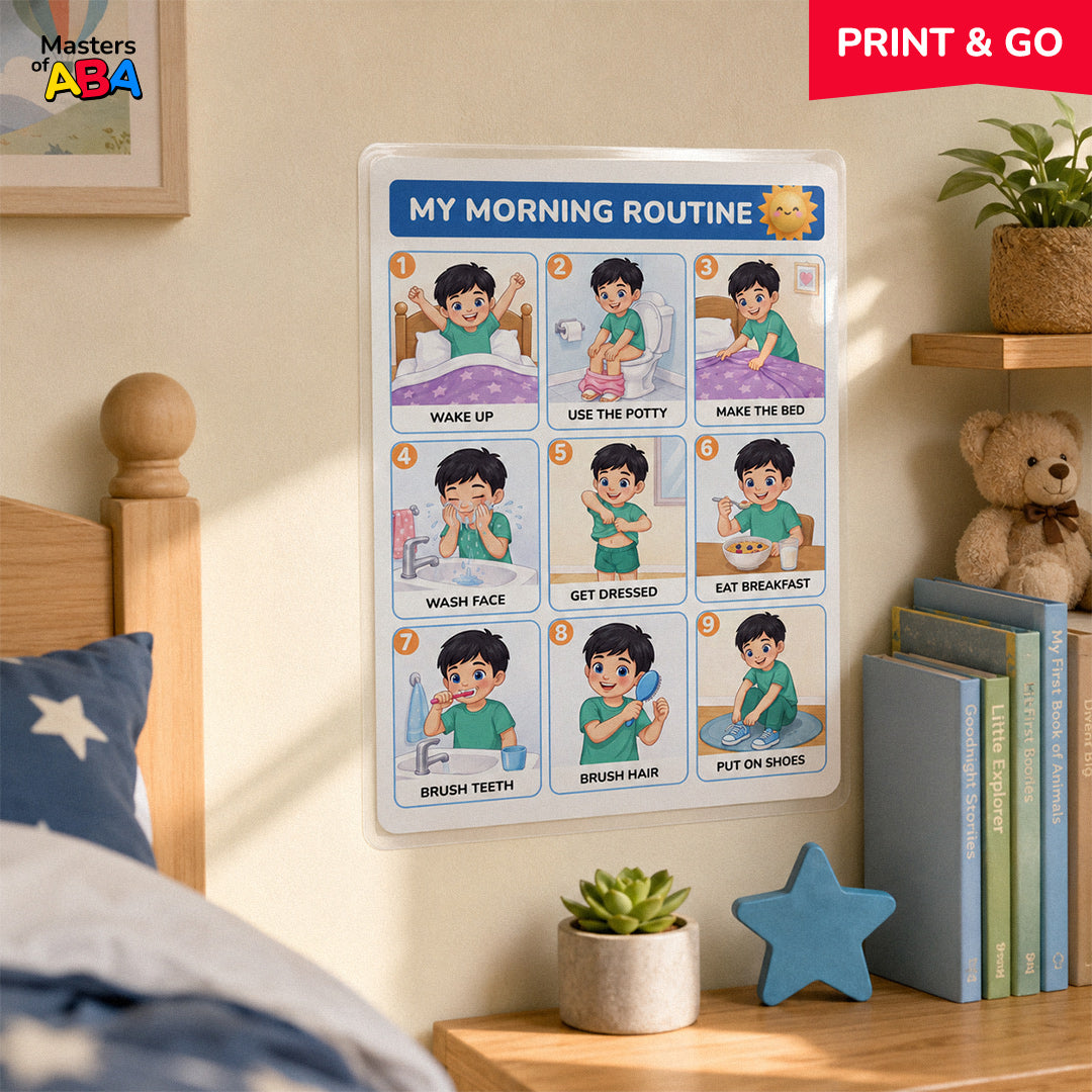 Laminated morning routine visual schedule displayed in a child’s bedroom