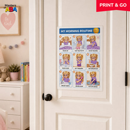 Morning routine visual schedule mounted on a girl’s bedroom closet door