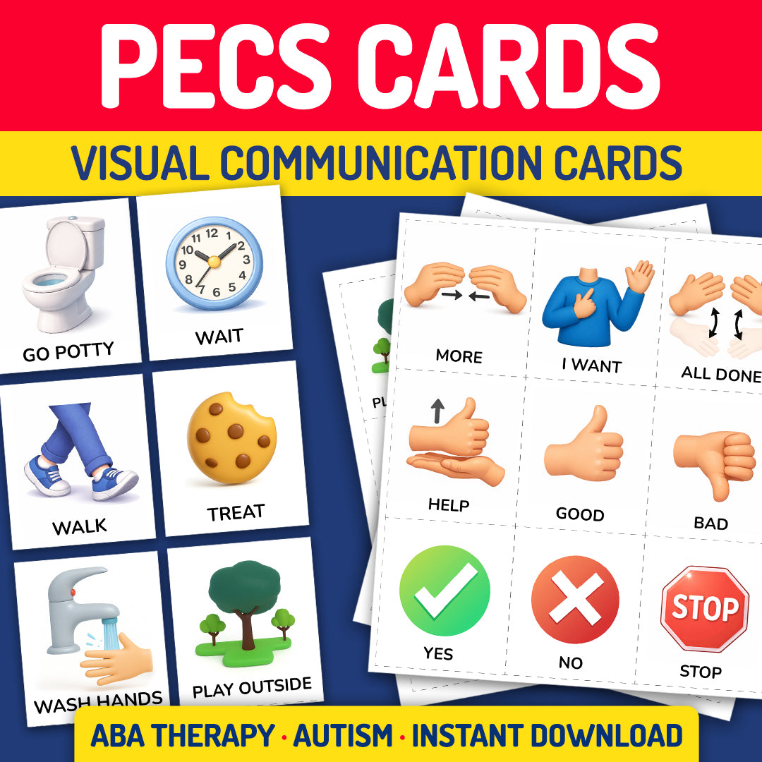 PECS Cards visual communication cards printable for autism, ABA therapy, requesting, routines, choice-making, and functional communication.