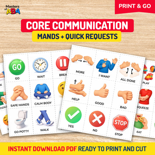 PECS Cards core communication printables with mands, quick requests, yes/no, help, all done, wait, and basic communication visuals.