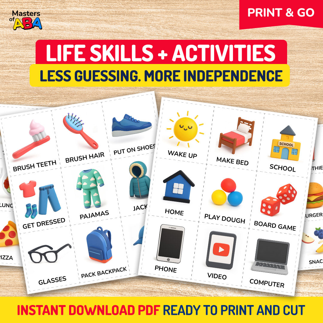 PECS Cards printable set with life skills, daily routines, activities, self-help visuals, and independence support for autism and ABA therapy.