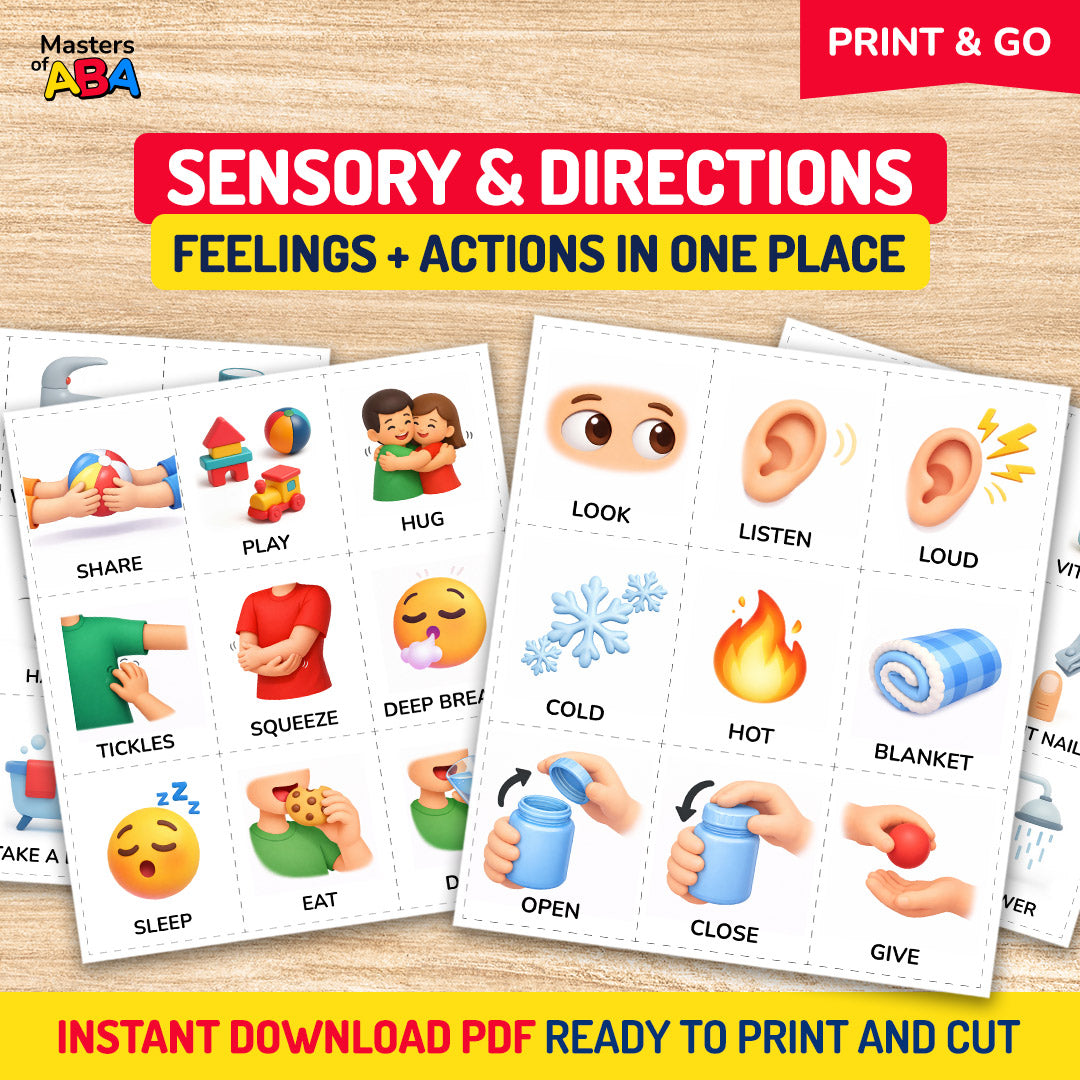 PECS Cards printable visuals for sensory needs, emotions, directions, actions, feelings, and communication support for autism and ABA therapy.