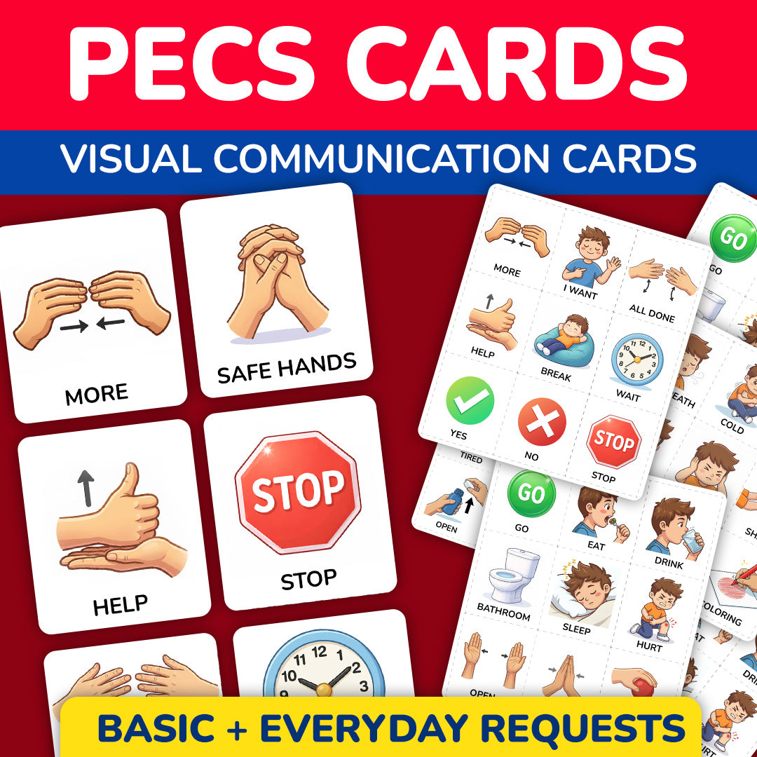 Printable PECS-style visual communication cards for autism and ABA therapy with basic everyday request icons