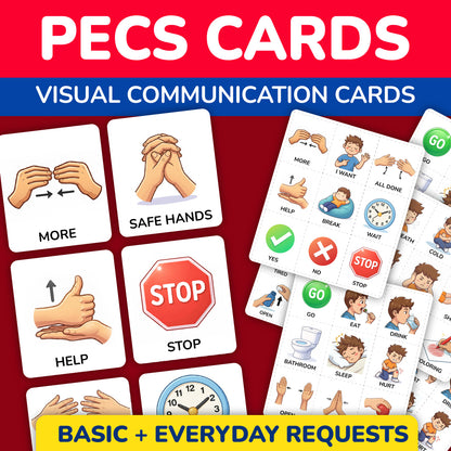 Printable PECS-style visual communication cards for autism and ABA therapy with basic everyday request icons