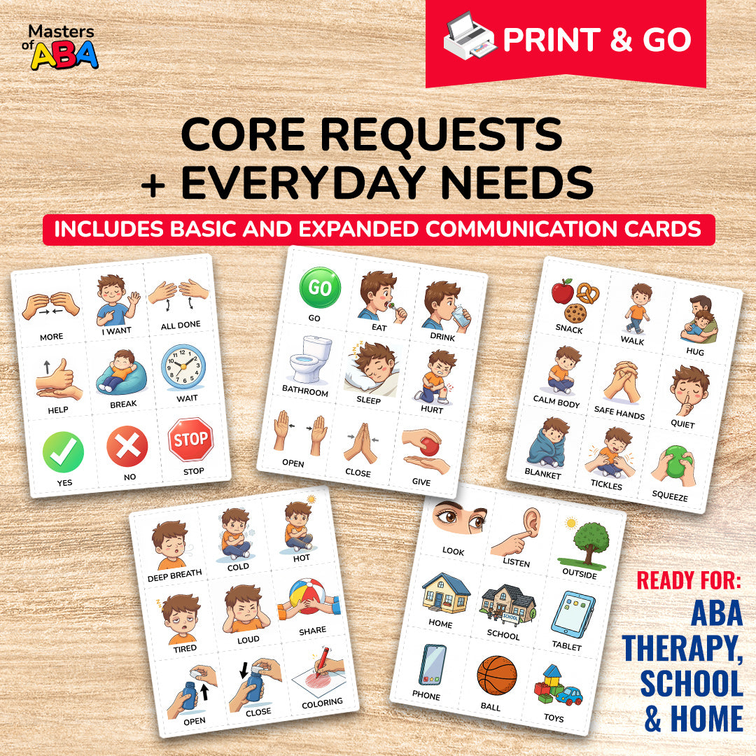 Core request and everyday needs visual communication cards for autism, speech support, and ABA sessions