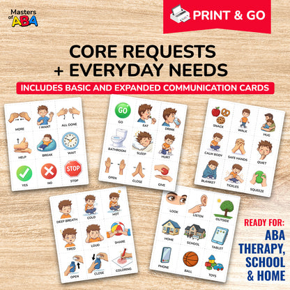 Core request and everyday needs visual communication cards for autism, speech support, and ABA sessions
