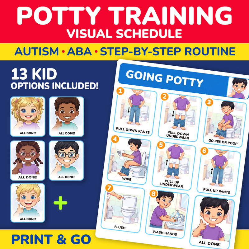 Potty training visual schedule printable for autism and ABA therapy with step-by-step toilet routine, bathroom visuals, and 13 kid options included.