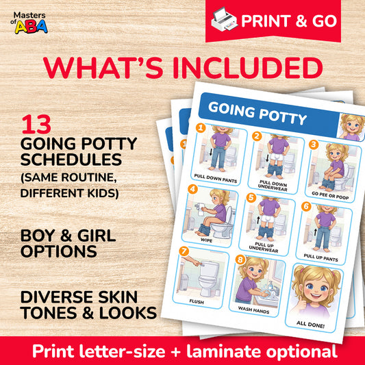 Printable potty training visual schedule with 13 going potty routines, boy and girl options, diverse skin tones, and step-by-step bathroom routine.