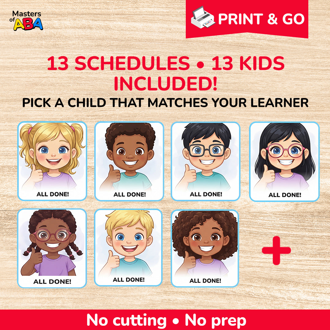 Potty training visual schedule printable showing 13 child options for autism toilet training, ABA visual supports, and no-prep bathroom routines.