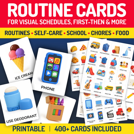 Printable routine cards mega pack featuring 400+ illustrated activity cards for visual schedules and First-Then boards, including self-care, school, chores, food, and daily routines.