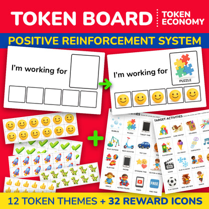Token board printable for autism and ABA therapy with 12 token themes and reward icons