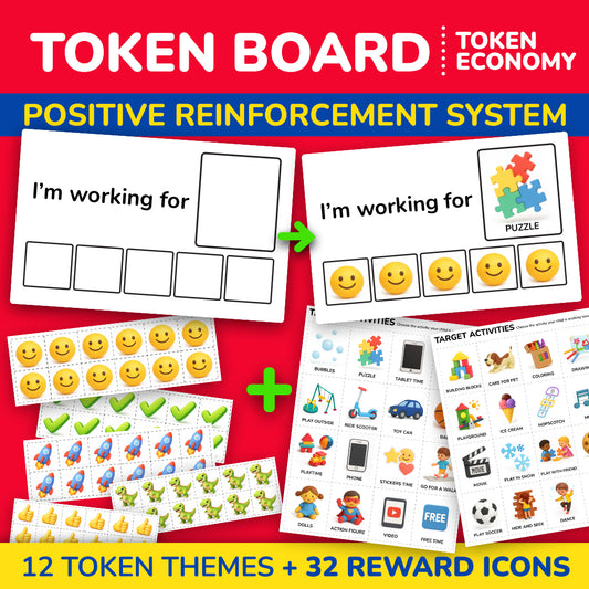 Token board printable for autism and ABA therapy with 12 token themes and reward icons