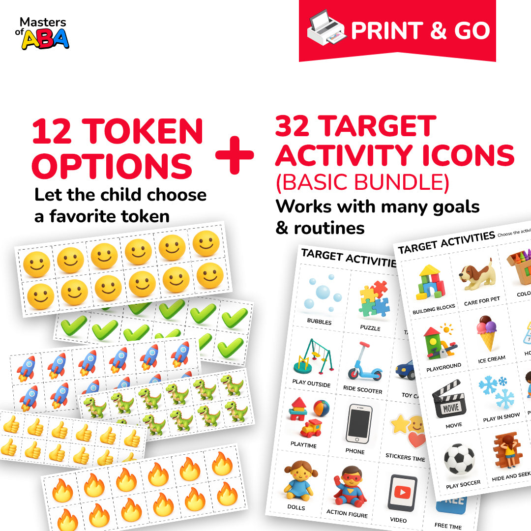 Token board printable with 12 token themes and 32 reward activity icons for ABA therapy