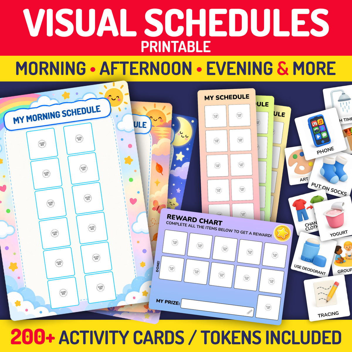 Printable visual schedule set featuring morning, afternoon, evening, and general routine charts, activity cards, done tokens, and reward charts for ABA, classroom, and home use.