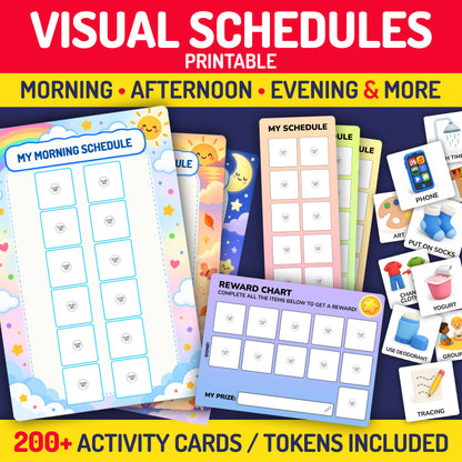 Printable visual schedule set featuring morning, afternoon, evening, and general routine charts, activity cards, done tokens, and reward charts for ABA, classroom, and home use.