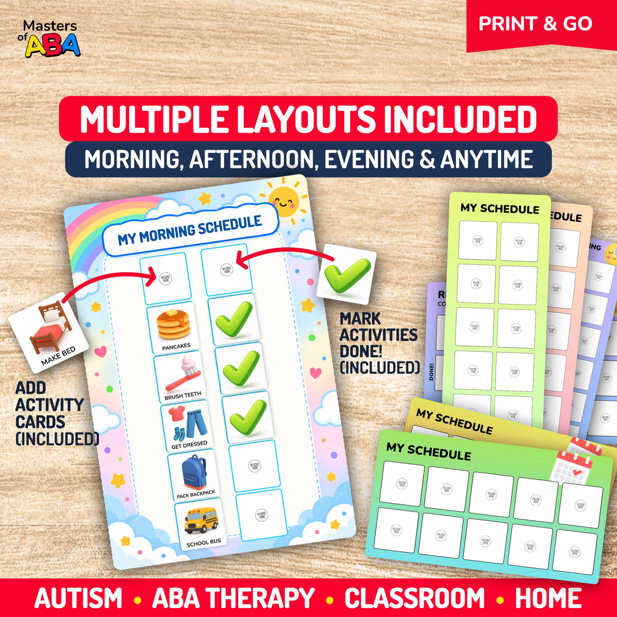 Printable visual schedule boards in vertical and horizontal layouts for morning, afternoon, evening, and anytime routines, showing activity cards and completion check marks.