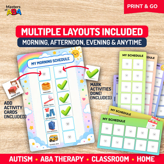 Printable visual schedule boards in vertical and horizontal layouts for morning, afternoon, evening, and anytime routines, showing activity cards and completion check marks.