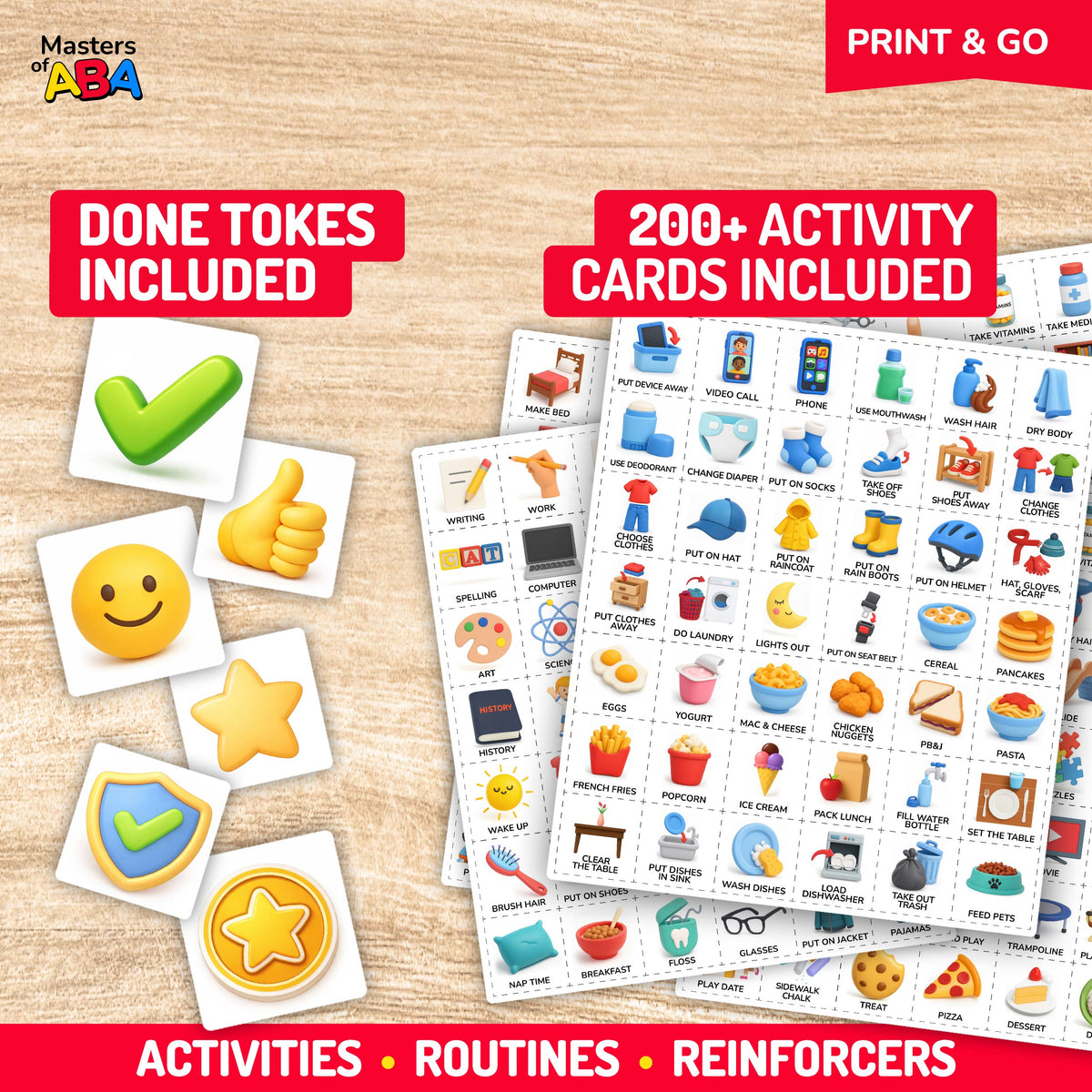 Over 200 printable activity cards for daily routines, self-care, school, and play, alongside colorful done tokens featuring check marks, smiley faces, stars, and thumbs up.