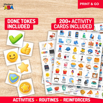 Over 200 printable activity cards for daily routines, self-care, school, and play, alongside colorful done tokens featuring check marks, smiley faces, stars, and thumbs up.