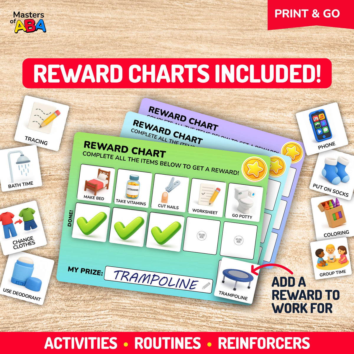 Printable reward charts with activity cards, completion check marks, and a space to choose a reward, illustrated with a trampoline reward example for daily routines.