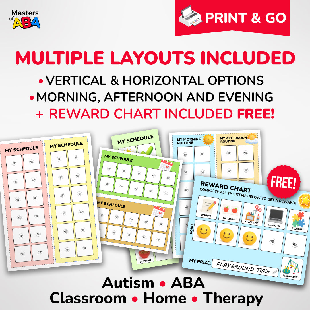 Printable visual schedule layouts for morning, afternoon, evening, classroom, and therapy routines