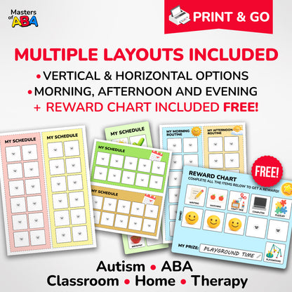 Printable visual schedule layouts for morning, afternoon, evening, classroom, and therapy routines