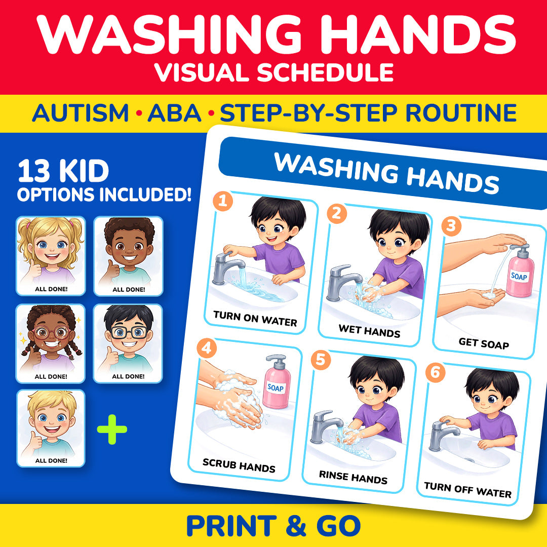 Washing hands visual schedule printable for autism and ABA therapy with 13 child options