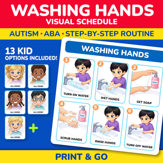 Washing hands visual schedule printable for autism and ABA therapy with 13 child options