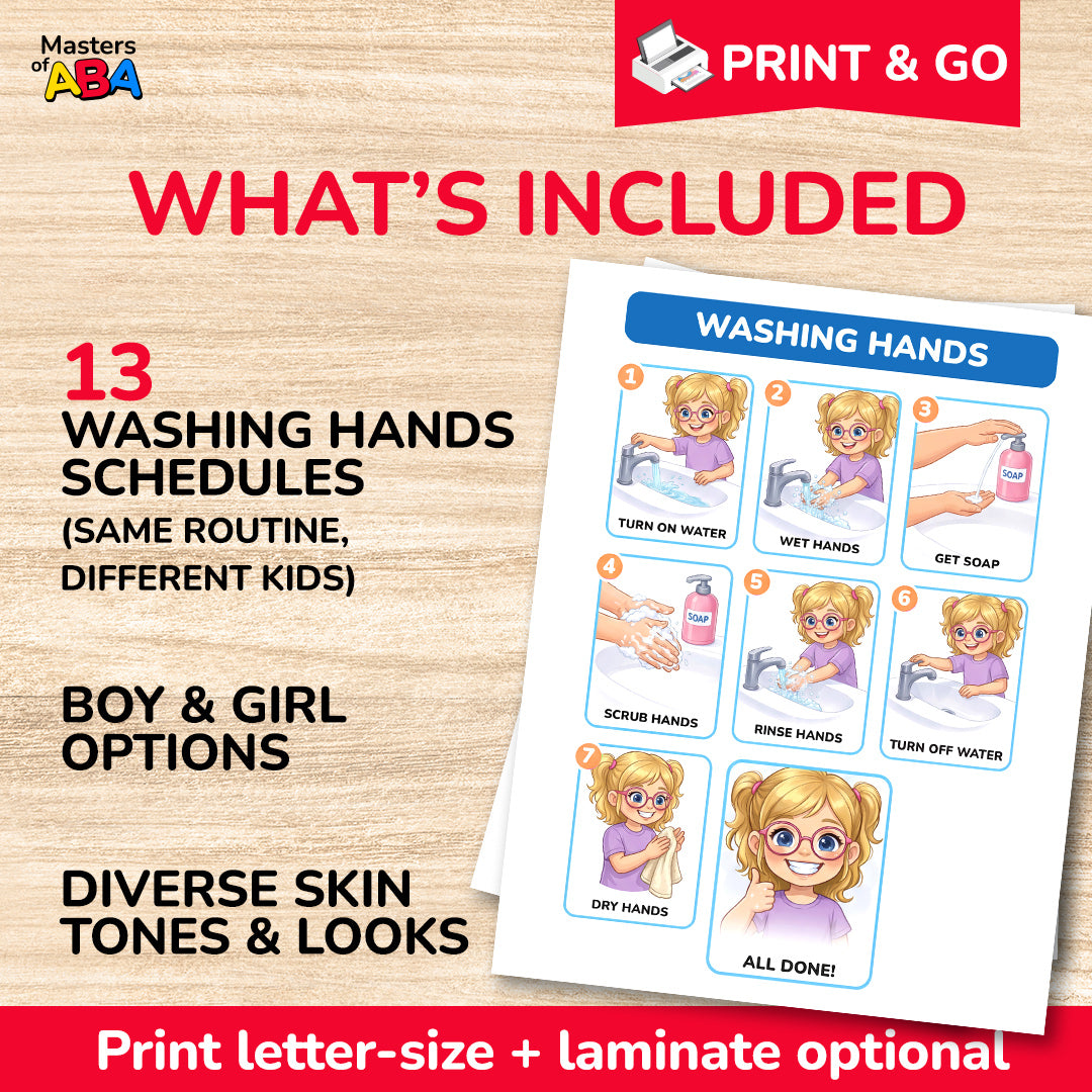Printable washing hands visual schedule showing 13 schedules, diverse child options, and print-and-go format